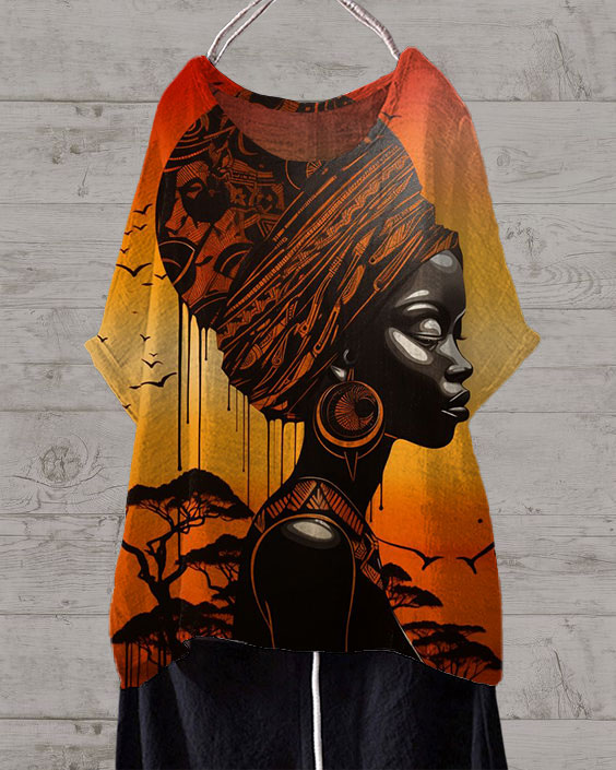 African Ethnic Girl Print Irregular Linen Blend Tunic