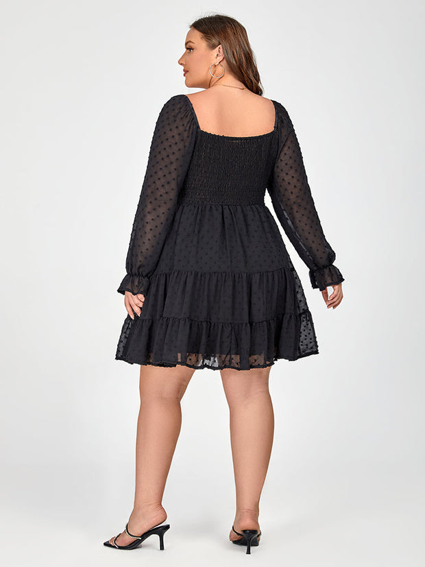 Plus Black Polka Dot Mesh Patchwork Flounce Sleeve Dress