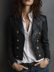 Vintage Metal Button Military Style Eco-leather Jacket