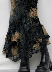 Shipping in 24 hours-Chic Black Asymmetrical Print Ruffled Patchwork Silk Velour Skirt Summer