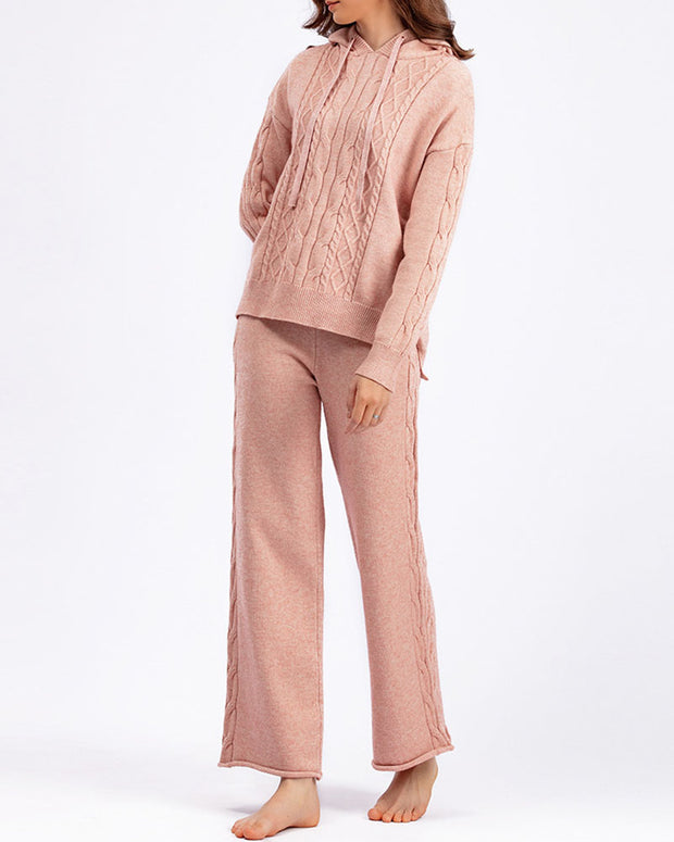 Drawstring hooded sweater + wide-leg trousers two-piece set