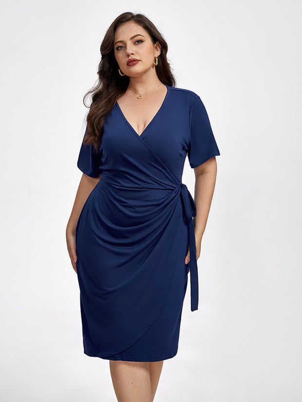 Plus Plain Crisscross Ruched Wrap Party Midi Dress