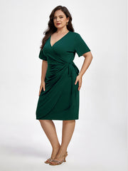 Plus Plain Crisscross Ruched Wrap Party Midi Dress