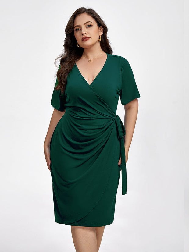 Plus Plain Crisscross Ruched Wrap Party Midi Dress