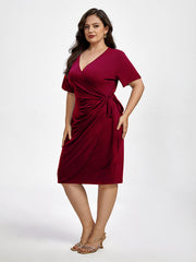 Plus Plain Crisscross Ruched Wrap Party Midi Dress