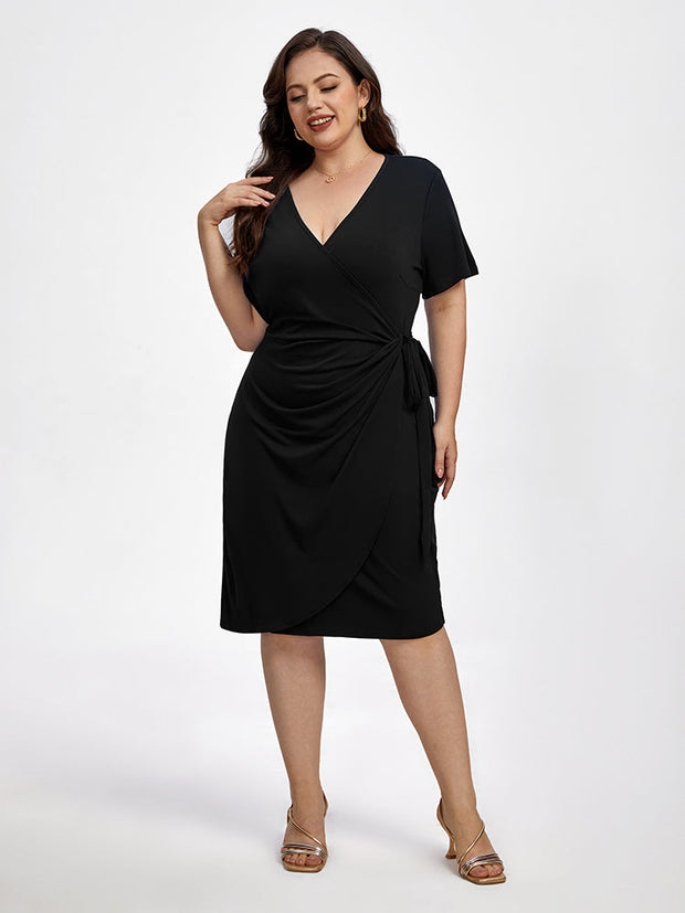 Plus Plain Crisscross Ruched Wrap Party Midi Dress