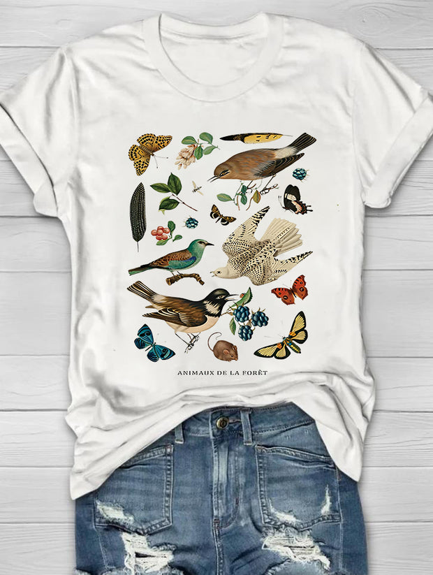 Birds Bugs Animals Printed Crew Neck Women's T-shirt