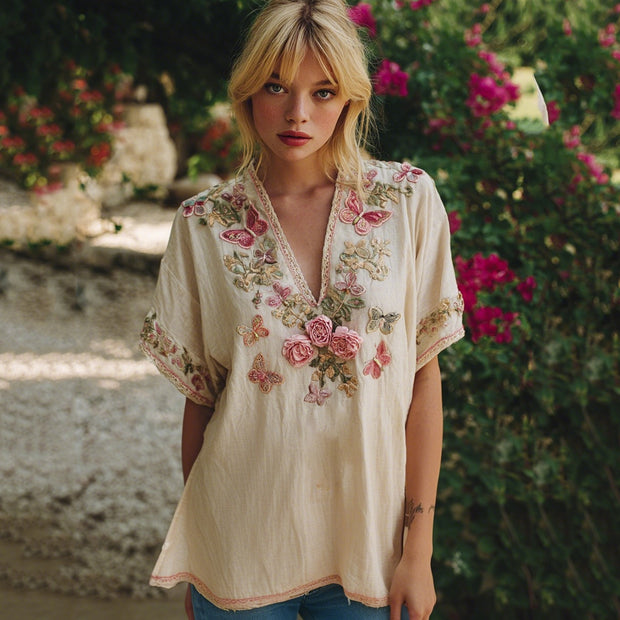 Vintage Floral Butterfly Embroidery Art Short Sleeve Linen Blend T-shirt