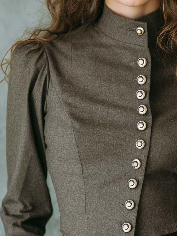 Vintage Military Style Stand Collar Blouse