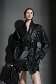 Women’s Short Leather Trench Coat – Tailored Waist Blazer Collar Lambskin Jacket for Fall