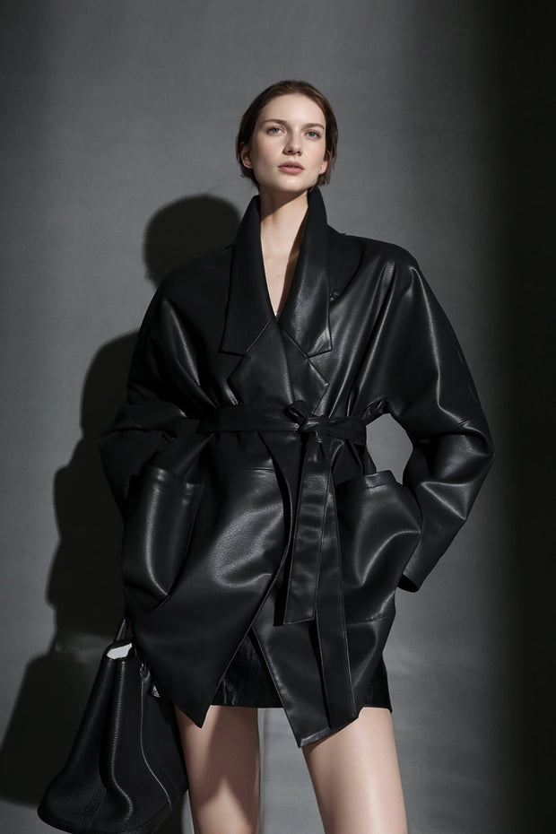 Women’s Short Leather Trench Coat – Tailored Waist Blazer Collar Lambskin Jacket for Fall