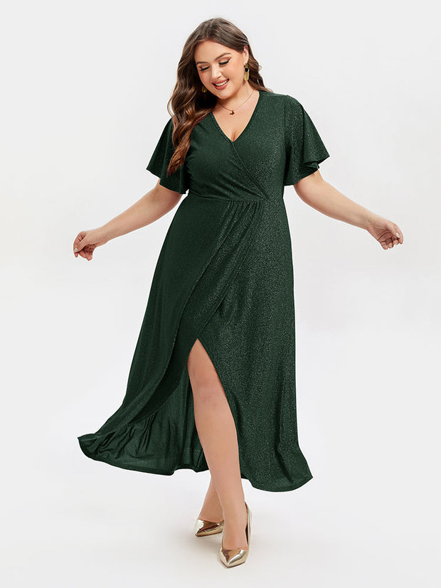 V-Neck Ruffle Sleeve Split Glitter Maxi Dress