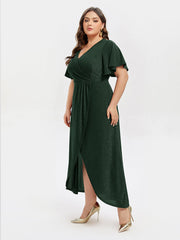 V-Neck Ruffle Sleeve Split Glitter Maxi Dress