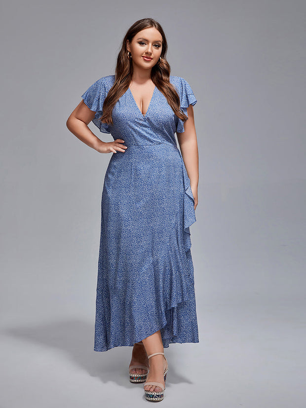 Plus Floral V-Neck Ruffle Sleeves Wrap Maxi Dress