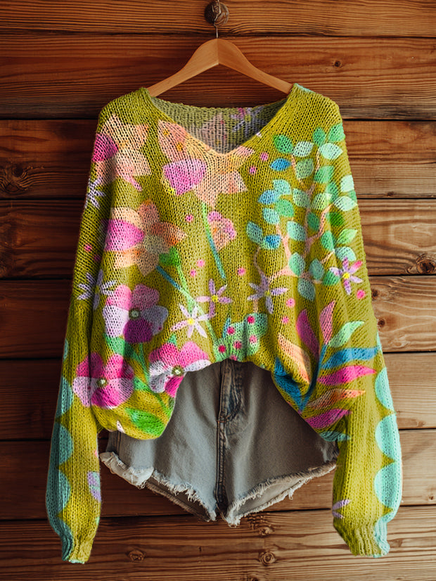 Women's Bohemian Floral Art Print Casual Pullover Sweater