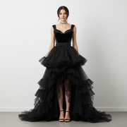 Elegant Black Tiered Ruffle High-Low Gown