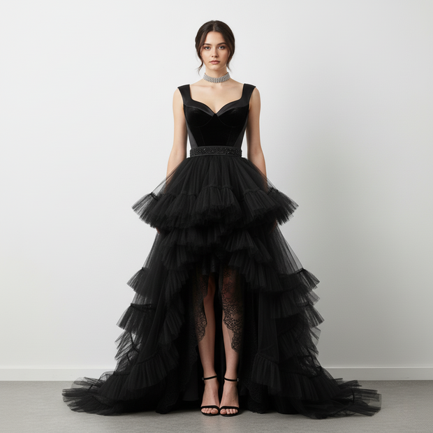 Elegant Black Tiered Ruffle High-Low Gown