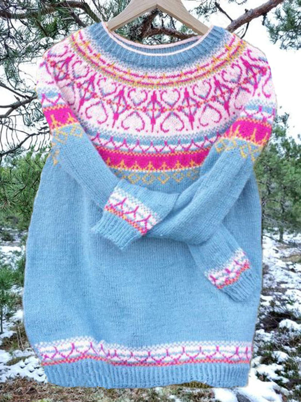 Unisex Vintage Icelandic Light Blue Knit Jacquard Warmth Crew Neck Sweater