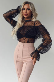 Sexy Lace Sleeve Black round Dot Tube Top Sheer Top