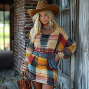 Cowgirl Retro Autumn And Winter Color Block Plaid Contrast Long Sleeve Dress