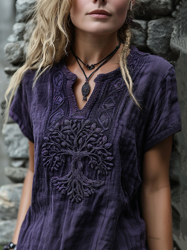 Vintage Viking Life Of Tree Celtic Embroidered Linen Blend Shirt