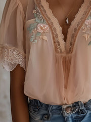 Boho Delicate Floral Embroidered Chiffon Blouse