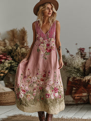 Love & Health Collection Retro Western Women Style Vintage Pink Striped And Floral Patchwork Art V Neck Linen Maxi Dress