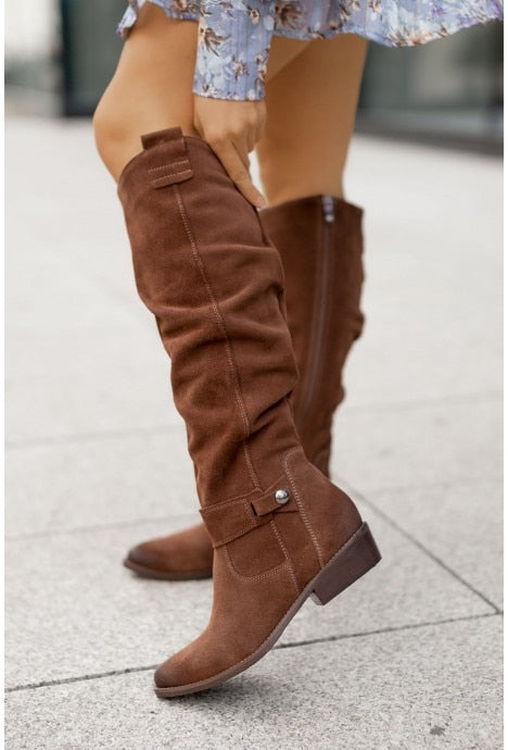 Winter Knee High Boots 2022 New Fashion Retro Woman Booties Low Heel Side Zip Size 43 Suede Thigh High Women's Boots