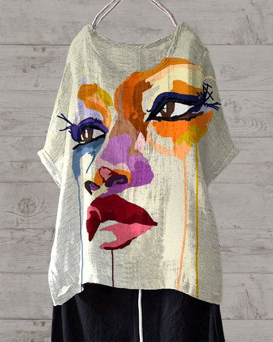 Colorful Face Painting Print Irregular Linen Blend Tunic