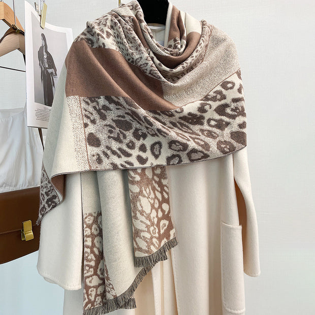 Colorblock Leopard Print Thick Warm Temperament Shawl Scarf