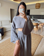 Vacation Cropped Top High Waist Chic Slit Linen Casual Two-Piece Set