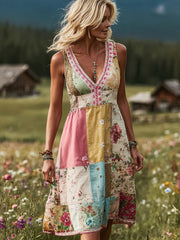 Women's Boho Floral Patch Art Comfy Midi Dress