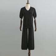 V-neck loose slit sweater straight-leg trousers two-piece set