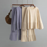 Fashionable bell sleeves, round neck and slit two-piece set