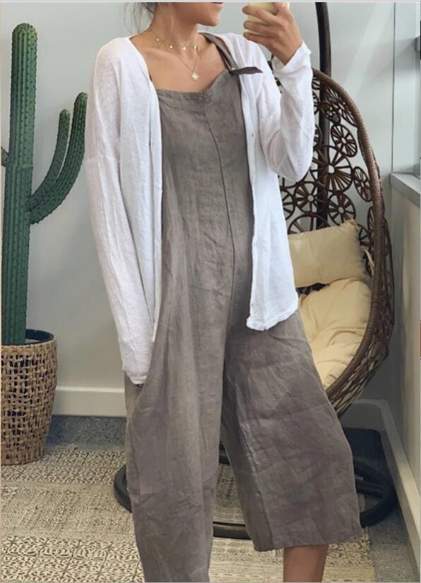 Pure Color Cotton Strap Jumpsuit