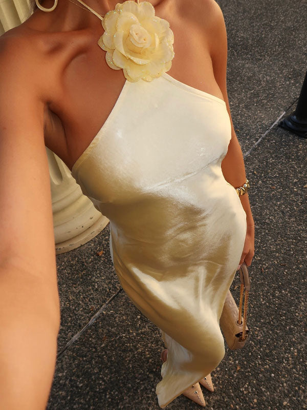 Halter neck satin maxi dress