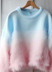 Chic Gradient Color Fluffy Patchwork Cozy Cotton Knit Sweaters Fall