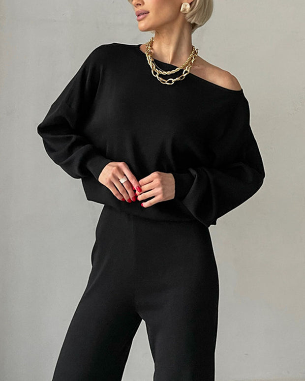 Off-shoulder knitted casual two-piece set