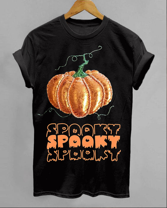 Halloween Spooky Pumpkin Print Cotton Crew Neck Short Sleeve Shirt