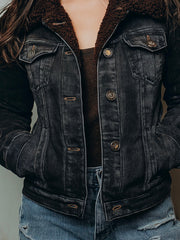 Vintage Fleece-Lined Button-Up Denim Jacket With Sherpa Collar