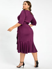 Plus Purple V-Neck Knot Side Wrap Party Midi Dress