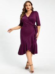 Plus Purple V-Neck Knot Side Wrap Party Midi Dress