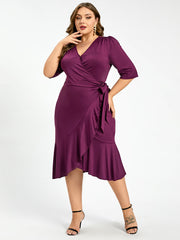 Plus Purple V-Neck Knot Side Wrap Party Midi Dress