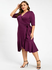 Plus Purple V-Neck Knot Side Wrap Party Midi Dress