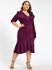 Plus Purple V-Neck Knot Side Wrap Party Midi Dress