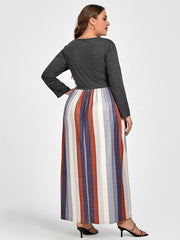 Plus Colorblock Striped Patchwork Pocket Maxi Dress Without Belt