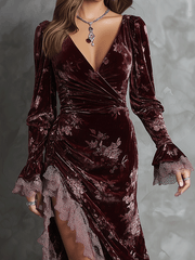 Elegant Burgundy Velvet Wrap Lace Trim Slit Maxi Dress