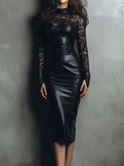 Chic Black Eco Leather & Lace Midi Dress