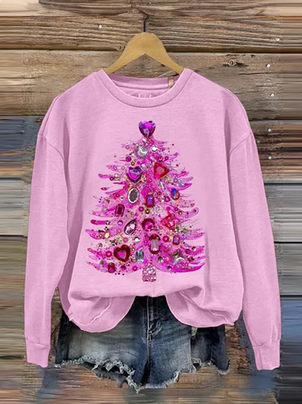 Women's Christmas Diamond Tree Art Printed Long Sleeve Top