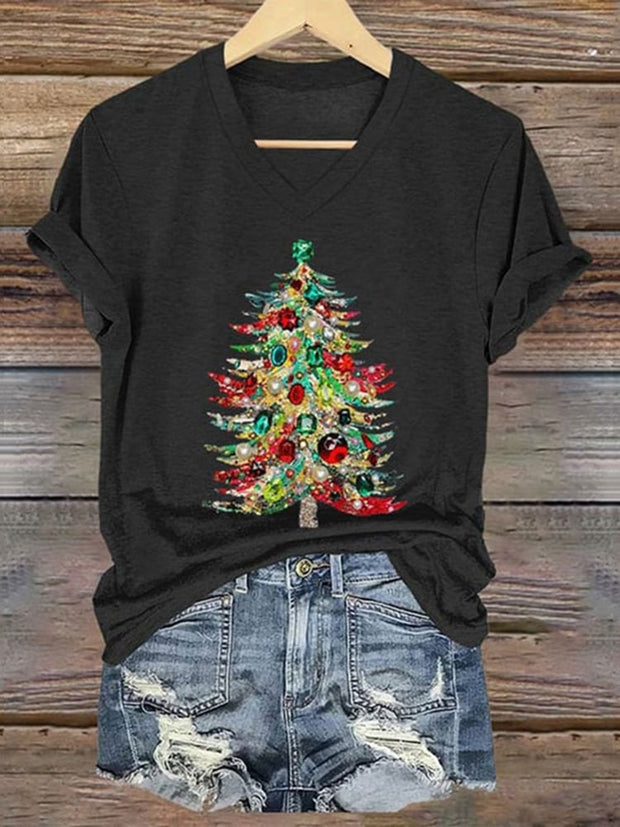 Women's Christmas Tree Art Print V-Neck T-Shirt